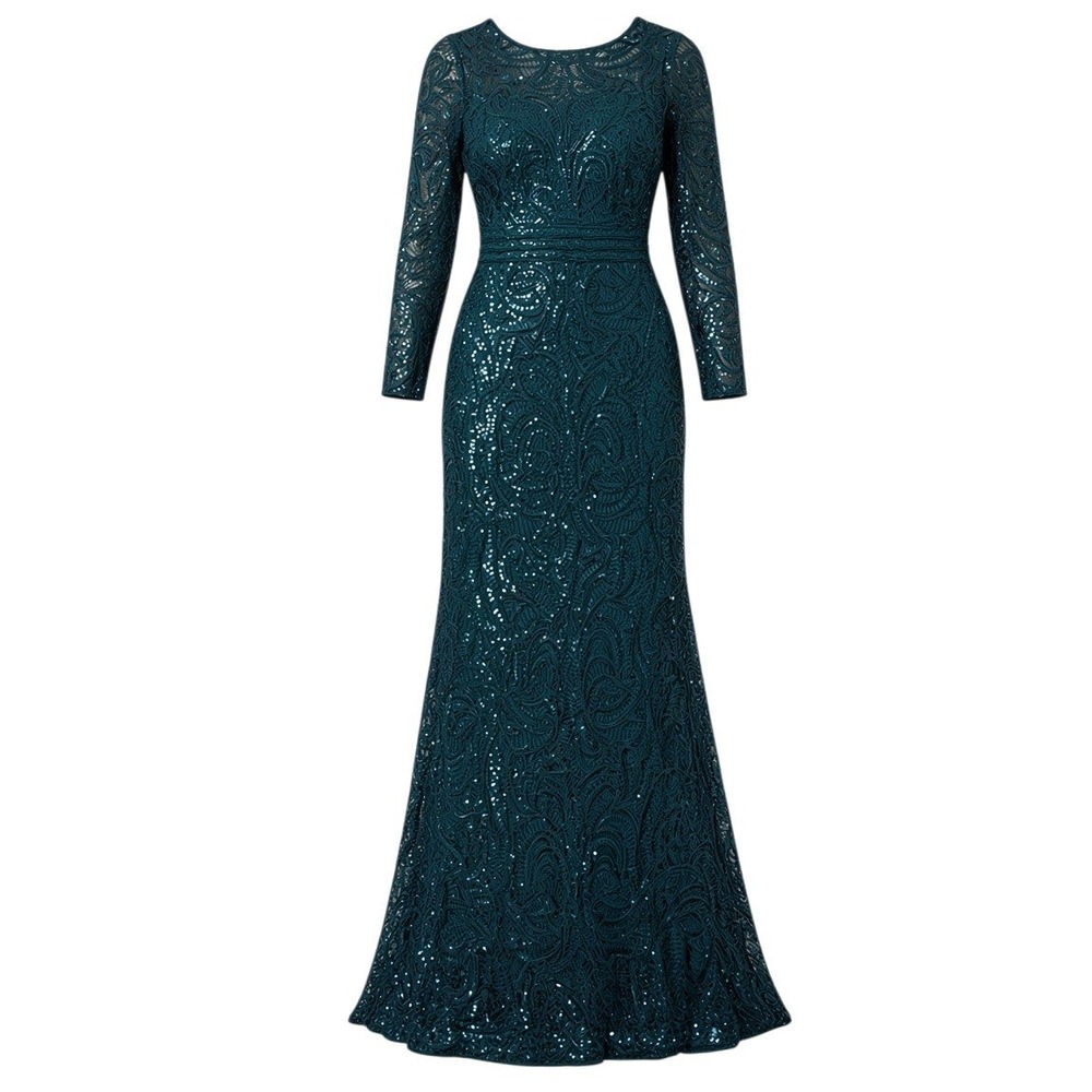 Tadashi Shoji Teal Sequin Lace Evening Gown Size 10 Long Sleeve Formal Dress